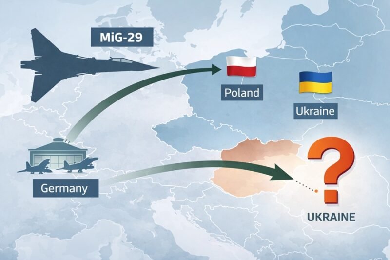 A detailed infographic-style illustration showing a MiG-29 silhouette, with arrows indicating a flight path from Poland to a generic airbase in Germany, and then a question mark over the path to Ukraine.