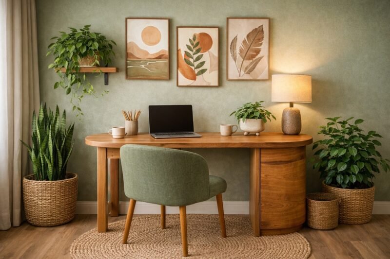 earthy color palette and organic shapes in biophilic home office design