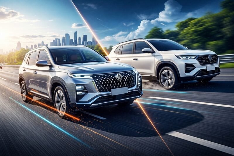 modern silver MG SUV driving on a highway alongside a white robust SUV (implied competitor), symbolizing the market clash. Motion blur on the road to indicate speed and competition.
