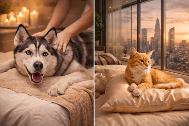 A split image showing a luxurious dog spa with a husky getting a massage on one side, and a cat lounging on a silk pillow in a glass-walled suite overlooking a city skyline on the other. Realistic, high-end travel photography style.