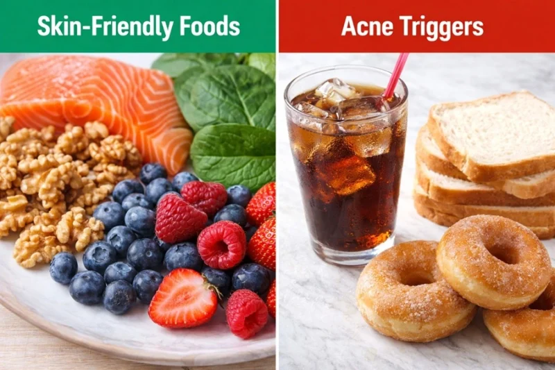 Comparison of healthy skin foods vs acne-triggering sugary and processed foods.