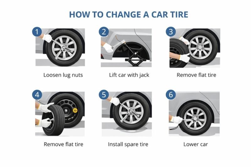 Step by step guide to change a flat tyre