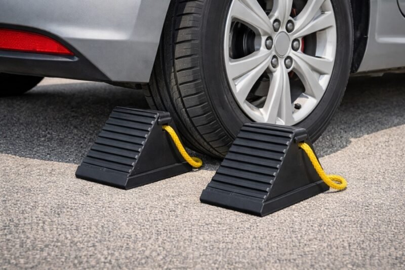 Using wheel wedges and parking brake while changing tyre