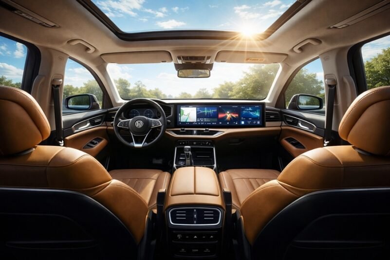 a luxury SUV dashboard featuring a large panoramic infotainment screen and premium leather captain seats.