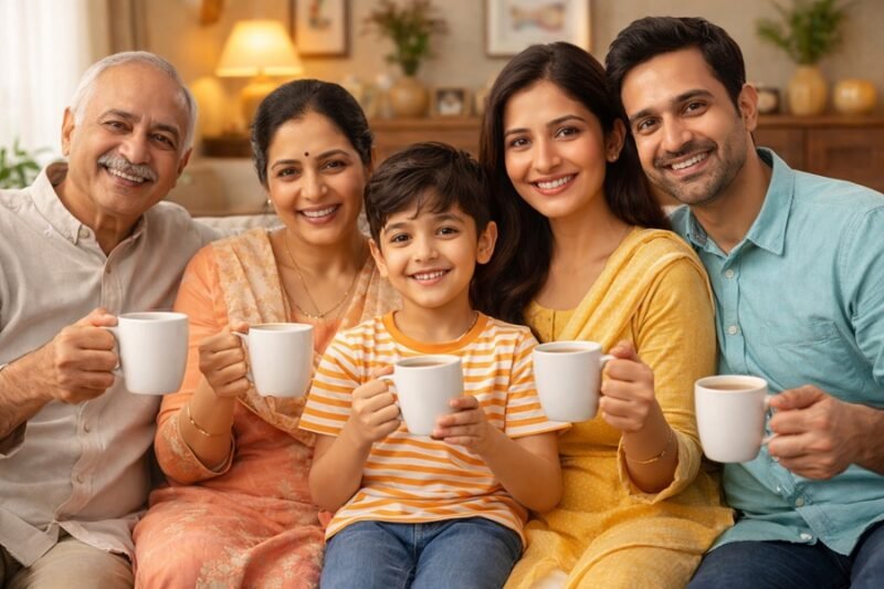 A bright, positive photo of an Indian family (parents and grandparents) sitting together healthily, drinking tea or warm water, representing safety, immunity, and family well-being.