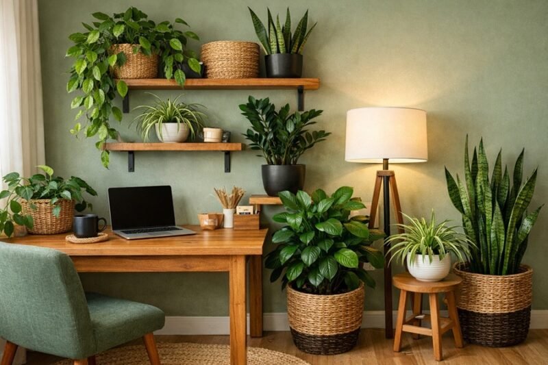 indoor plants for office spaces in biophilic home office design