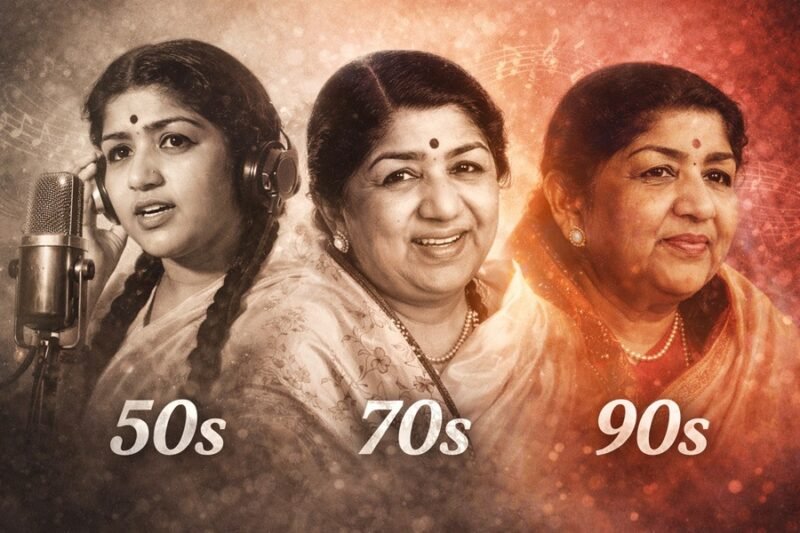 A collage-style image showing Lata Mangeshkar through different decades (50s, 70s, 90s), representing her timeless journey.