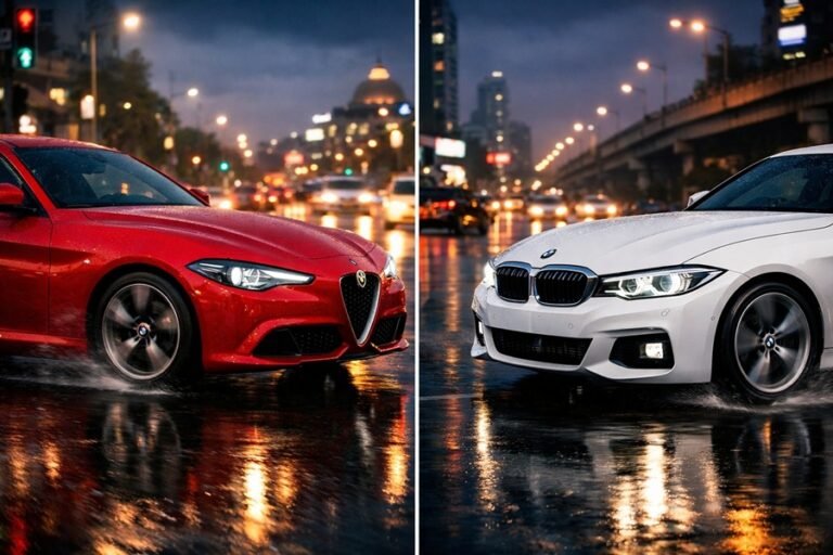 Alfa Romeo Giulia and BMW 3 Series parked side-by-side on a busy Indian market road, comparing luxury sedans for 2026.
